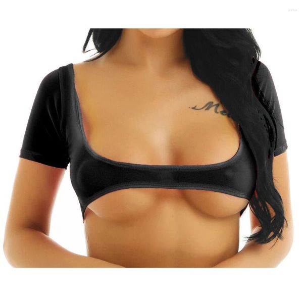 BHs Sets Sexy Porno Frau Kostüm Mesh Durchsichtig Crop Top Sheer Transparent Dessous Offene Büste Kurze Ärmel T-Shirt Erotische Clubwear