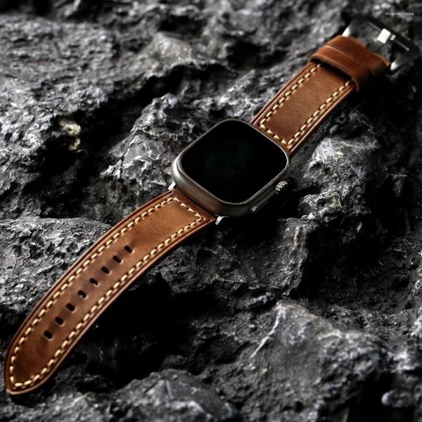 Assista Bandas Premium Head Layer Couro Pulseira Estilo Retro para Apple Ultra2 S9 S8 Homens Pulseira