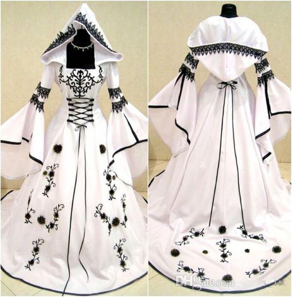Renascença medieval vintage preto e branco vestidos de casamento 2021 manga longa bordado renda appliqued laceup volta gótico nupcial8502587