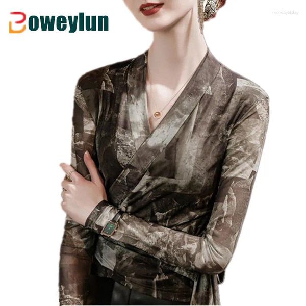 Женские футболки Boweylun, ретро-принт с галстуком, v-образным вырезом, сетчатый топ с длинными рукавами, женская тонкая футболка для вечеринок со знаменитостями, женская