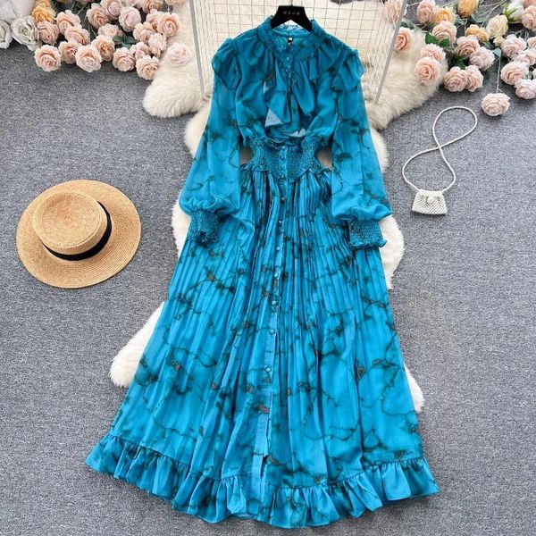 Vestidos casuais moda pista de outono azul impressão de flor de chiffon maxi vestido mulheres stand colar colar de pegolas de babados de babados elásticos longos