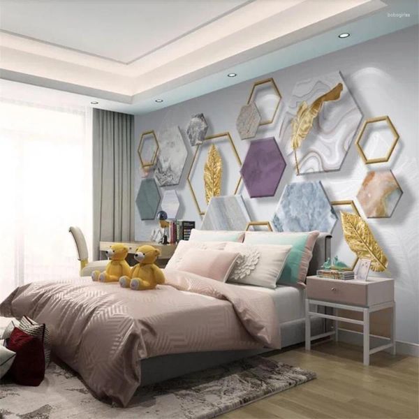 Wallpapers personalizado po papel de parede 3d nórdico simples pedra geometria folha dourada sala de estar tv sofá fundo parede decoração casa mural