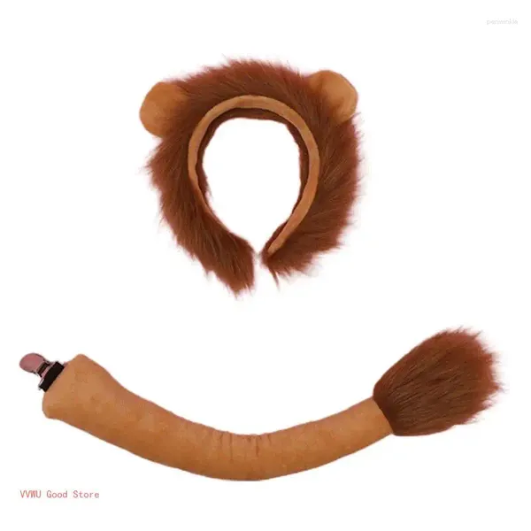 Articoli per feste Orecchie di leone animale Cerchio per capelli Set coda Copricapo in peluche Accessori cosplay