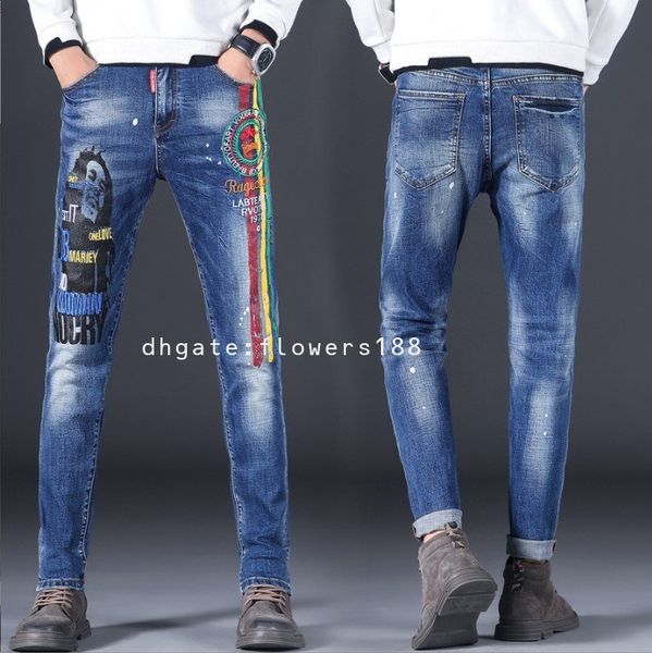 Herren Jeans Trendy Fashion Jeans Herren-gestickte Druck schlanker lässiger koreanischer Vintage Jugend All-Match Dehnung langer Hosen Cow Boy Jeans Cowboy Jeans