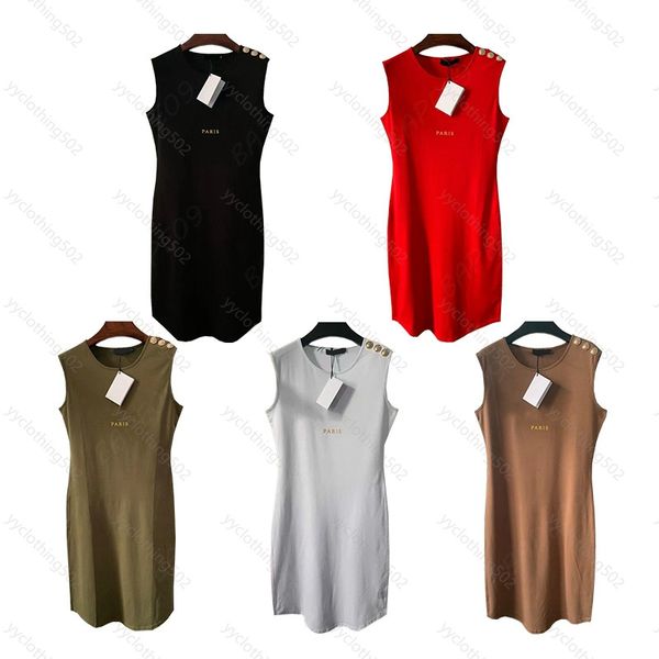 Desinger vestidos para mulheres vestido preto camisas de praia carta impressa colete longo fino tanques ombro botão dourado sem mangas tops