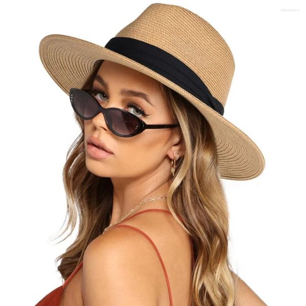 Berretti da donna da uomo in paglia a tesa larga cappello Panama Fedora Summer Beach Sun UPF per donna protezione solare vacanza maschio femmina