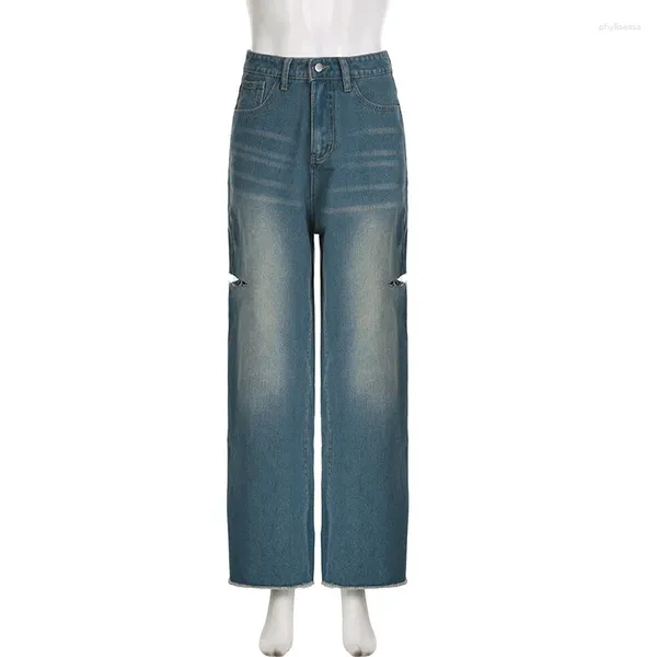 Calças de brim femininas estilo jeans feminino 2024 verão americano rua cintura alta calças largas perna solta personalizado buraco lateral lavado azul