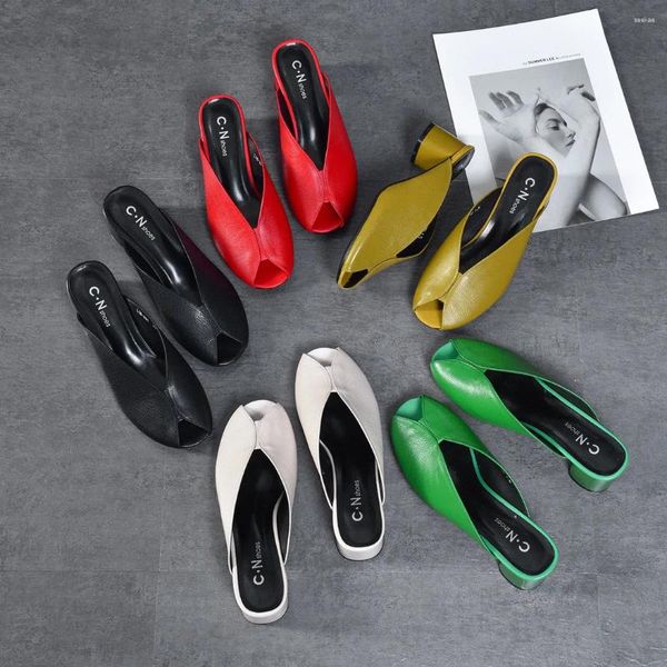 Hausschuhe Fisch Mund Starke Ferse frauen Schuhe Sommer Top Schicht Rindsleder High Heels Tragen Cool Für Frauen Mode Slipper