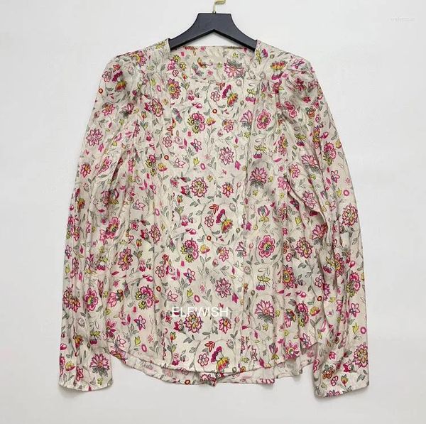 Blusas femininas moda rosa floral impressão viscose camisa em torno do pescoço manga comprida blusa topos 2024ss
