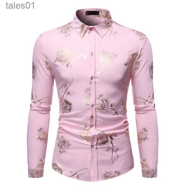 Plus T-shirt da uomo Polo elegante stampa floreale in oro rosa camicia rosa da uomo 2020 New Slim Fit manica lunga da uomo camicie eleganti Club Party Wedding Camisa Social yq240401