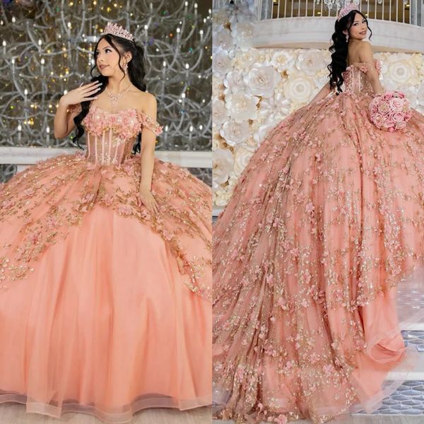 Korallenrosa Prinzessin Quinceanera-Kleider, Ballkleid, schulterfrei, Applikationen, Vestido de Quinceanera, Tüll-Korsett, Sweet-15-Maskeradekleid