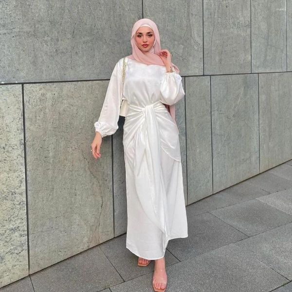 Abbigliamento etnico Abito Abaya in raso setoso a 2 pezzi con gonna avvolgente sul davanti Abiti lunghi arabi modesti per donne musulmane Dubai Ramadan islamico