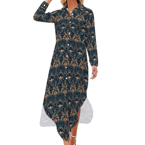 Vestidos casuais barroco impressão chiffon vestido retro tribal bonito feminino manga longa estética v pescoço impresso oversized