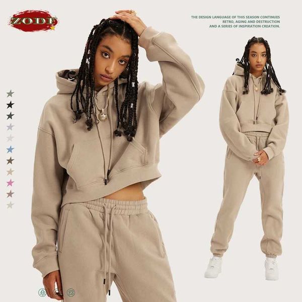 Moletom com capuz feminino ZODF Chic Sexy Mulheres Super-curto Fleece Cropped Hoodies Menina Feminino Hip Hop Solto 345gsm Sólido Com Capuz Pulôver Streetwear HY0340 240401