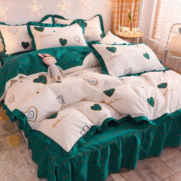 Yatak takımları Kore prenses tarzı yatak etek seti çift keten yorgan kapağı sevimli yatak örtüsü çift yatak sayfaları