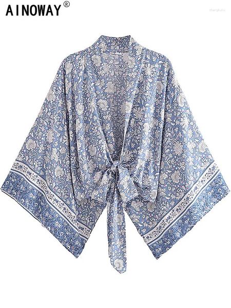 Kimono Boho floreale in porcellana vintage, abito corto, moda donna, maniche a pipistrello, bikini bohémien, copricostume da spiaggia