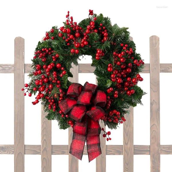 Flores decorativas grinaldas de natal para porta da frente festivo guirlandas de pinho artificial grinalda de inverno com vermelho xadrez arco bagas janela casa