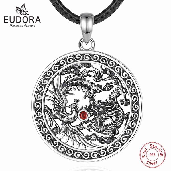 Colares de pingente Eudora 925 Sterling Silver Phoenix Dragon Colar para Mulheres Homem Vintage Red Zircon Sun Amulet Pingente Personalidade Jóias Presente 240401