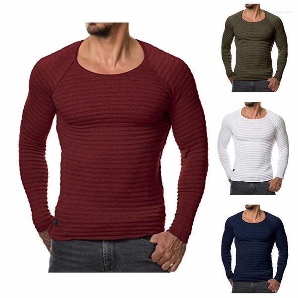 Homens camisetas 6 cores! 2024 Mens alta elástica manga comprida t-shirt de malha listrada sólida slim fit homens pulôver