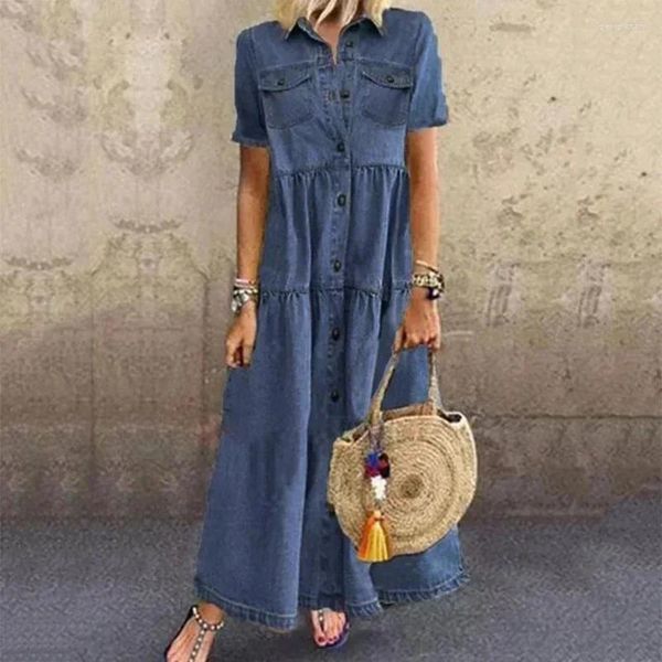 Parti elbiseleri artı boyut xl retro uzun gevşek cepler düğmesi vintage denim gündelik kadınlar yaz kısa kolu aşağı yakalı elbise