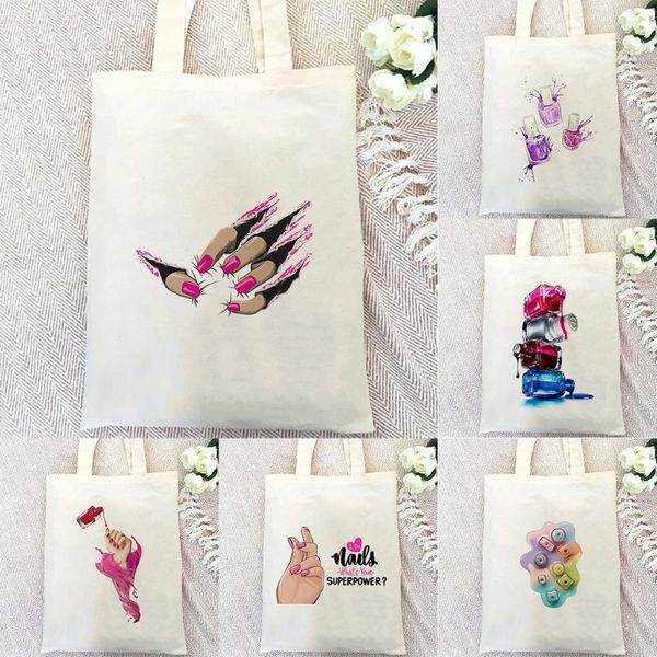 Borsa da donna per unghie, nail art, trucco, borsa in tela, grafica, shopper per generi alimentari ecologici riutilizzabili