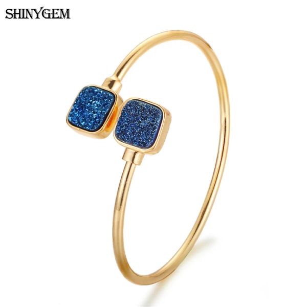 Bangles Shinygem New Trendy Sparkling Druzy Bracelets for Women Gold Plating Aberto Praça quadrada colorida Bangal de cristal de pedra natural