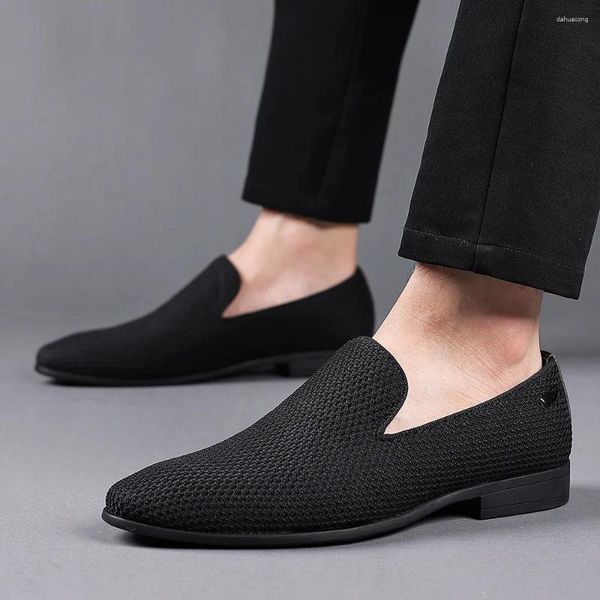 Sapatos casuais masculinos malha fabrconcise vestido de negócios pontiagudo xadrez preto respirável formal casamento masculino zapatos hombre