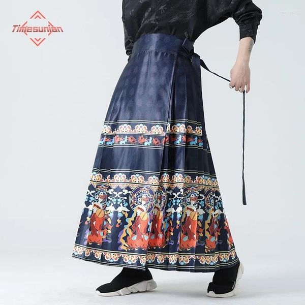 Männer Hosen Pferdegesicht Rock Elegante Vintage Chinesischen Stil Männer Frauen Maxi mit Druck Pferd Gesicht Design Hohe Taille Hanfu für A