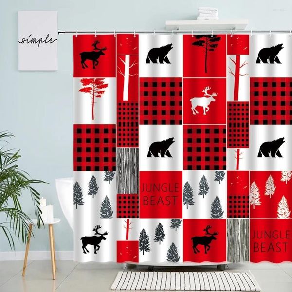 Chuveiro cortinas ano de natal tema cortina elk urso árvore de natal vermelho preto branco xadrez casa decoração do banheiro com gancho tela à prova dwaterproof água