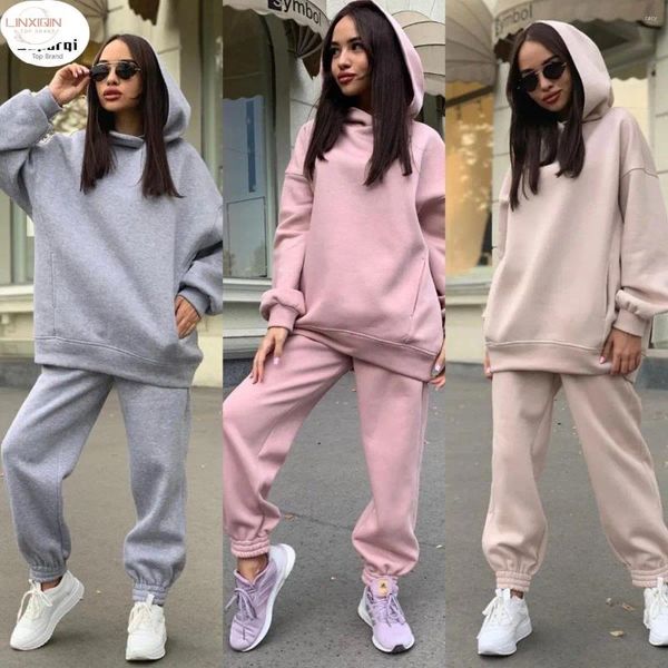 Calças femininas de duas peças Conjuntos de inverno Mulheres Tracksuit Oversized Terno 2024 Homens Outono Calças Masculino Moletom Sólido Esportes Hoodie Sportswear