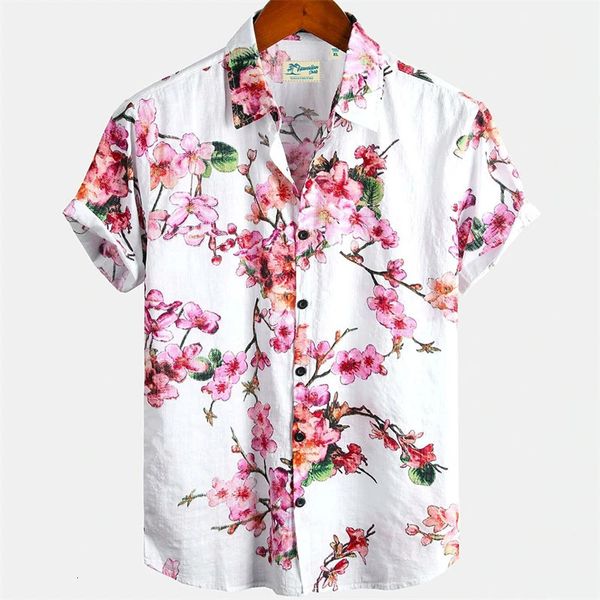 Hawaiianisches Herrenhemd Sakura Plum Blossom Sommer Floral Casual 3D-gedrucktes Harajuku Kurzarm Streetwear Strand Plus Size Sexy 240401