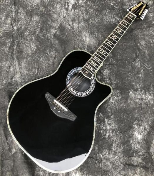 Rare Ovation 12 Cordas Corpo Oco Preto Guitarra Elétrica Corpo De Fibra De Carbono Ebony Fretboard Abalone Binding F5T Pré-amplificador Captador 8746925