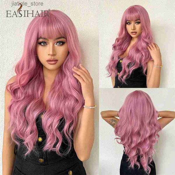 Синтетические парики Easihair Pink Cosplay Synthetic Wigs Длинные воды волнистые розовые парики с челкой для вечеринки Lolita Women Women Wigs Hair Phigs с теплостойкими волокнами Y240401