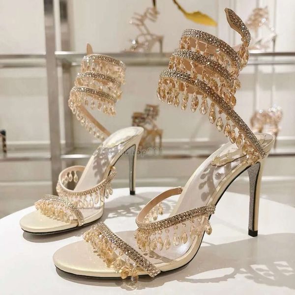 Ferse Rene Caovilla Kristall Kronleuchter mit hohen Sandalen mit hohen Häkern Frauenary-Luxus-Diamant-Serpentiner römischer High Heels 10 cm Designer-Bankettschuh eingewickelt