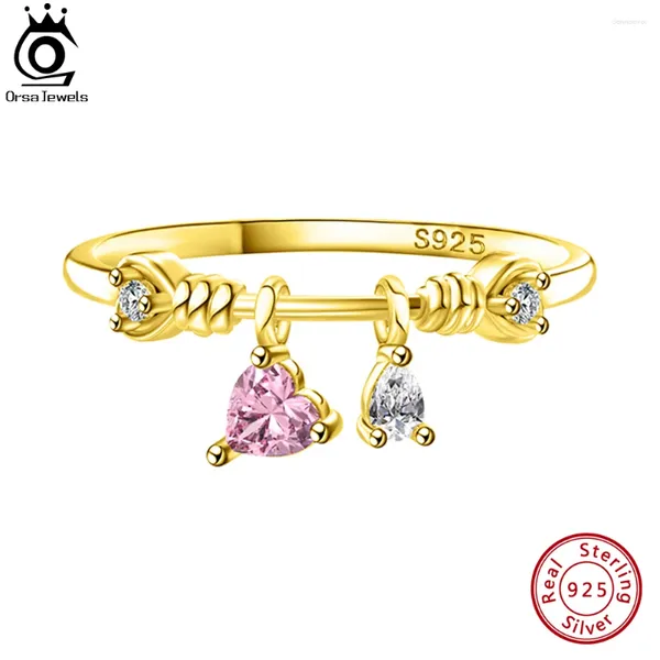 Cluster-Ringe ORSA JEWELS 14K Gold Finger zierliche baumelnde Herz CZ Ewigkeitsring Sterling Silber für Frauen Band Schmuck Verlobungsgeschenk SR312