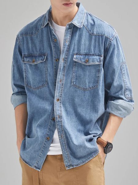 2024 Denim Baumwolle Herren Hemd Langarm Schwarz Blau Tropfen Schulter Knopf Taschen Cowboy Lose Lässige Arbeit Jeans Shirts 240326