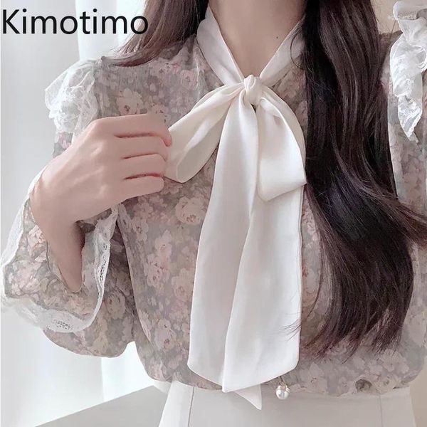 Damenblusen Kimotimo 2024 Florale Fliege Spitzenoberteile Frauen Koreanische Vintage Bedruckte Aufflackernhülsenhemden Elegante Mode Büro Damenbluse