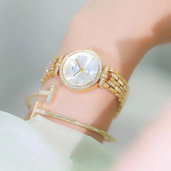 Relógios de pulso BS Top Moda Luxo Mulheres Assista Diamante Elegante Vestido Quartz Ouro Aço Inoxidável Senhoras Relógio para