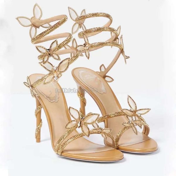 mit Box Rene Caovilla Schmetterling Kristall dekorative hohe Sandalen Stiletto Damen Abendkleid Schuh 9,5 cm Serpentine Wraparound Luxus Designer Damen High Heels