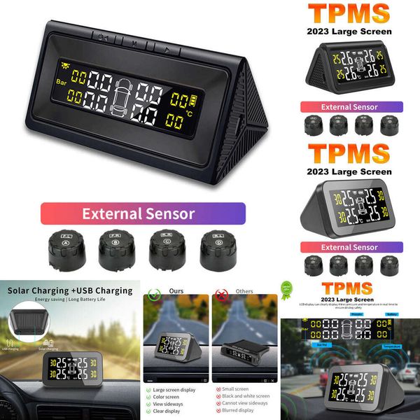 2024 Inteligente TPMS Sistema de Monitor de Alarme de Pressão de Pneus de Veículo 4 Sensores Externos Display Solar Inteligente Aviso de Temperatura de Pressão de Pneu