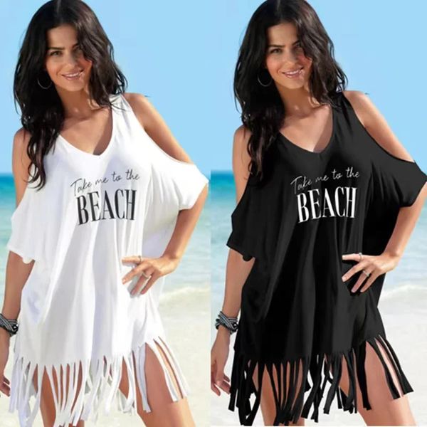 Verão praia bikini cobrir mulheres branco fora do ombro kafan sarong solto topos casual franjas camisa banho beachwear 240318