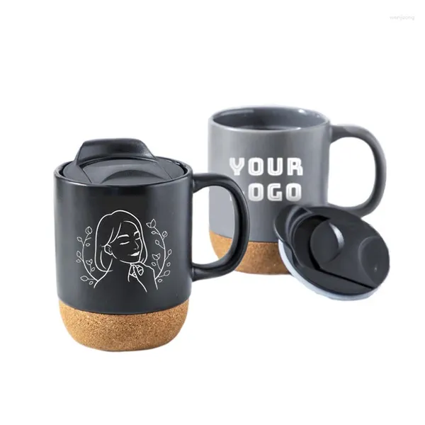 Canecas que vendem 12/16 onças xícara de café da moda caneca de cerâmica preta fosca com cortiça isolada e tampa à prova de respingos