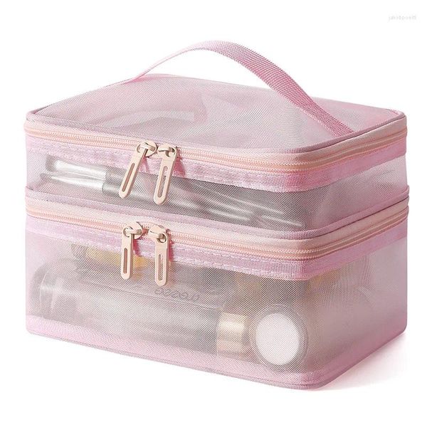 Sacos cosméticos rosa dupla camada malha saco feminino portátil compõem caso grande capacidade de viagem zíper organizador de maquiagem caixa de armazenamento de higiene pessoal