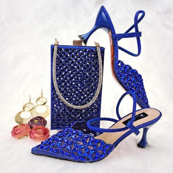 Sapatos de vestido moda azul real mulheres apontou toe match bolsa com decoração de cristal bombas africanas e saco conjunto qsl053 salto 7cm