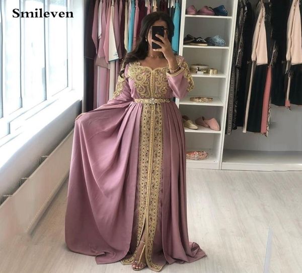 Smileven Pembe Fas Kaftan Resmi Gece Elbiseleri Altın Dantel Aplikler Arap Müslüman Özel Fırsatlar Özel Yapımlar Özel Yapım LJ20119675589