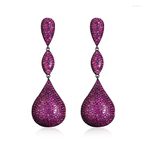 Brincos pendurados cwwzircons luxo grandes bolas de gota de água longo micro pave rosa vermelho zircão cúbico jóias para casamento nupcial feminino e0392