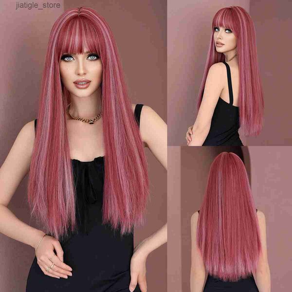 Synthetische Perücken Namm Long gerade rosa Perücken mit Pony for Women Highlights weiße beliebte süße synthetische Perücke für das tägliche Cosplay Y240401