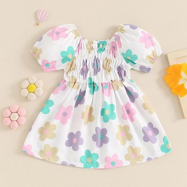 Girl Dresses Toddler Girls Dress Summer Stamp Floral Short Short Square Neck A-Line Kids Casual Princess Clothes 2024