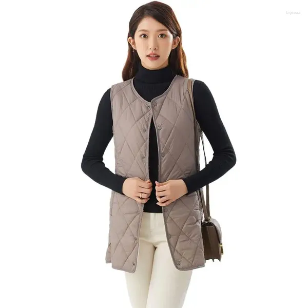 Gilet da donna Autunno Inverno Femminile Reticolo rombico Senza colletto Lungo pile berbero Tasche leggere aderenti aderenti Gilet solido