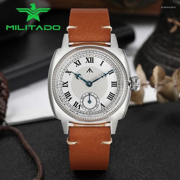 Armbanduhren Militado 36 mm Dress Watch 316L Stahl Saphirglas Unterzifferblatt Kathedrale Wärmebehandelt Blaue Zeiger Retro Leuchtendes Mechanikkal